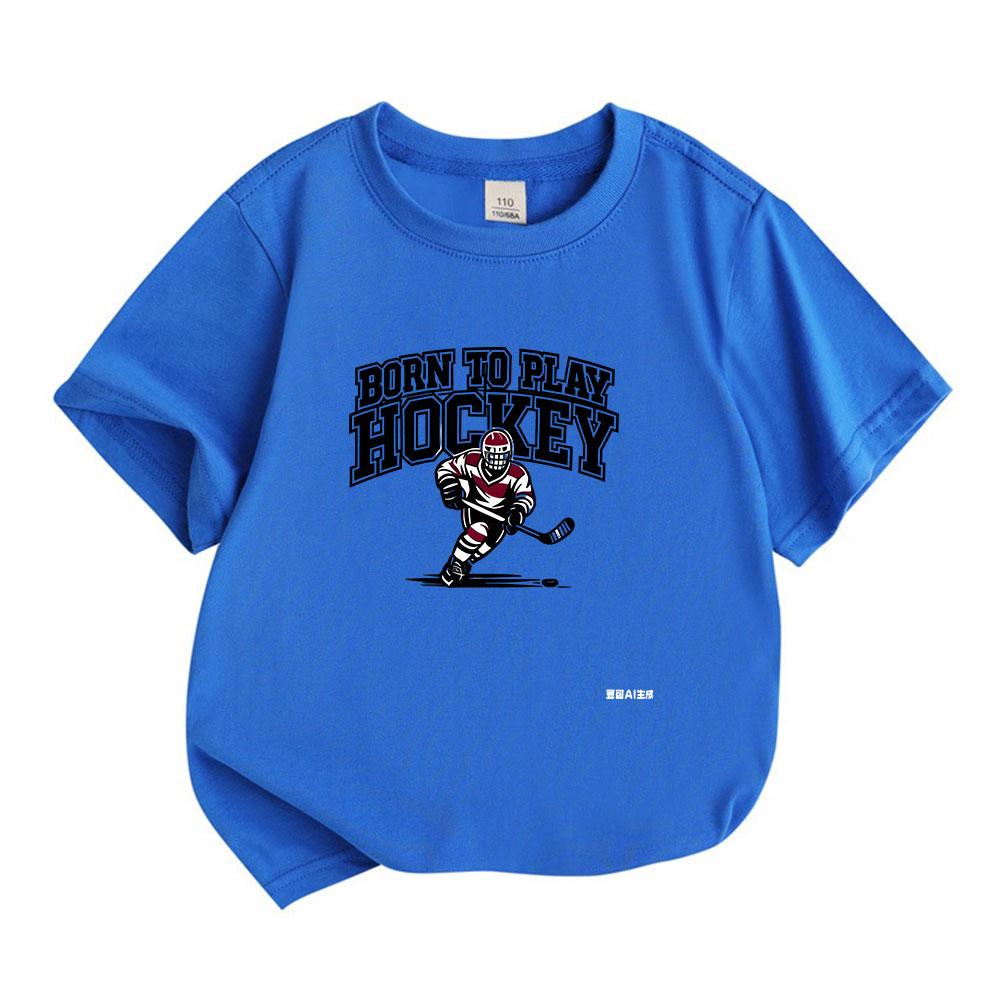 Kids Boys Girls 100% Cotton Crew Neck Short Sleeve T-Shirt, Born to Play Hockey Graphic Casual Tee for Ice Hockey Sport Loving Children, Soft Breathab
