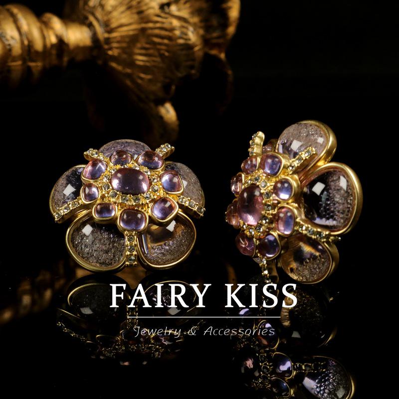 Б/у Фиолетовый набор ювелирных изделий с цветами персика, двойной слой: Ожерелье и серебряные серьги-гвоздики 925 пробы в изысканном придворном стиле.