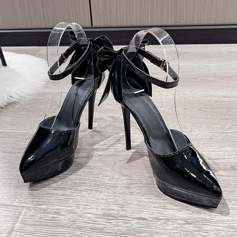 Мода 2024 Лето Новая Мода Атласные Босоножки на Высоком Каблуке Бант Пряжка на Одной Линии Острый Носок Толстый Каблук Женские Туфли Свадебные Туфли