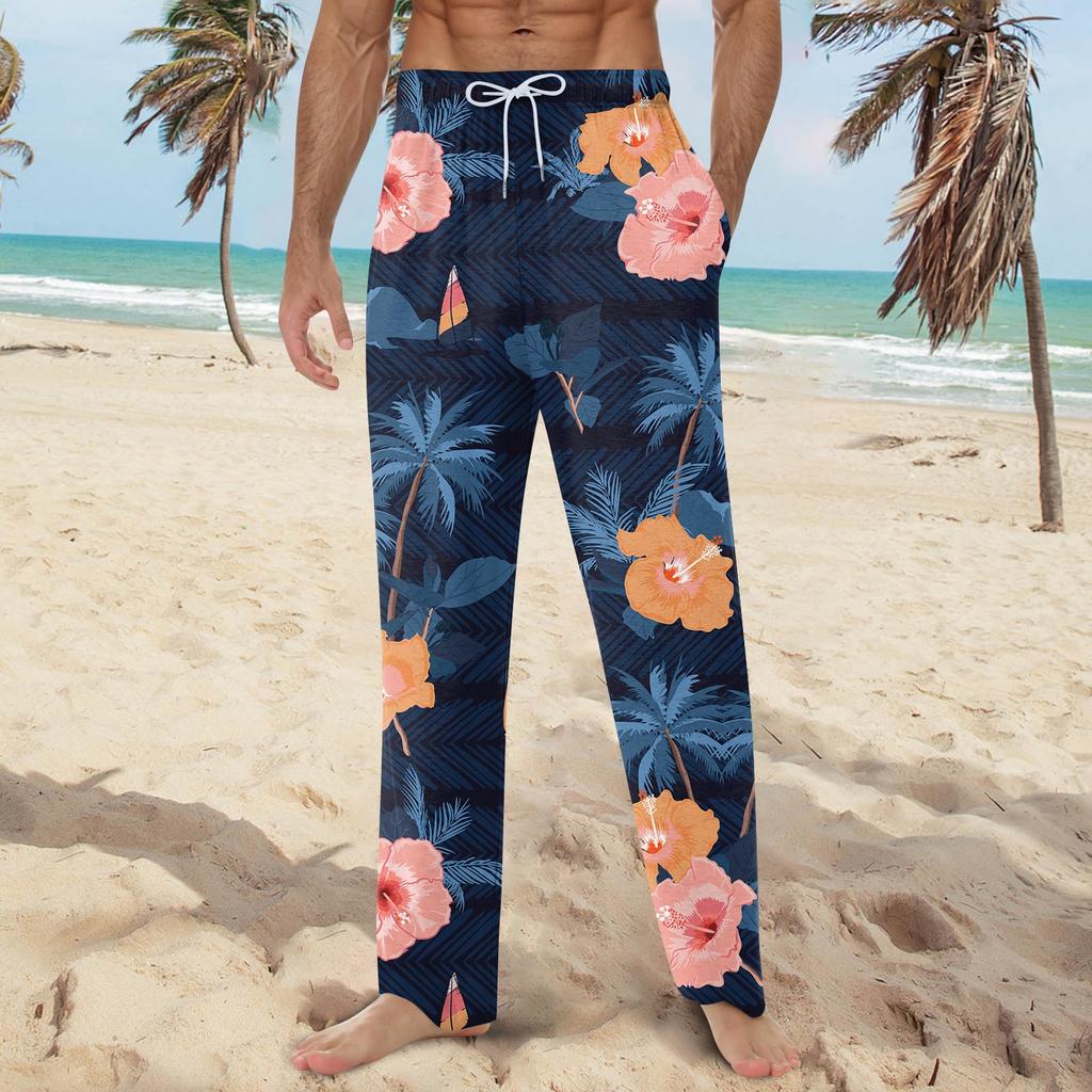 Men's Hawaiian Print Soft Home Pajama Pants Drawstring Casual Sweatpants
