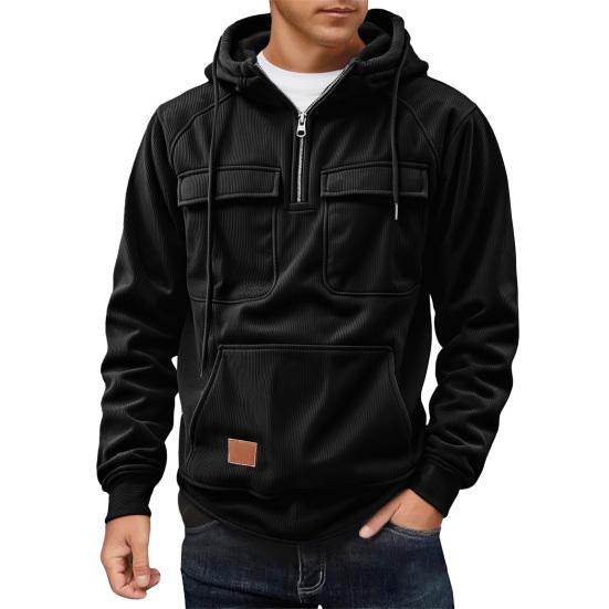 Men Hoodie Zipper Half Placket Hooded Drawstring Long Sleeve Sport Tops with Pockets Solid Color Multi-Pocket Design Warm Sweatshirt