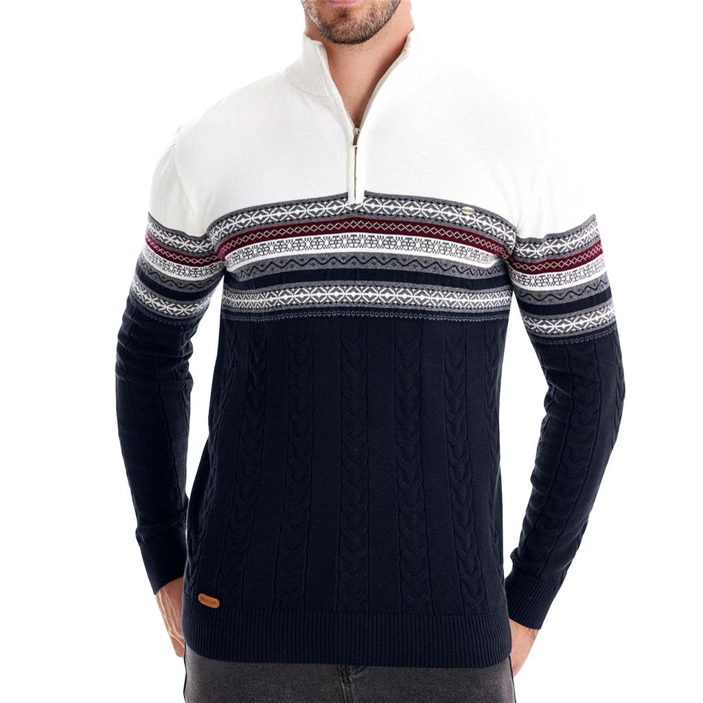 Men's Winter Print Stand Collar Half Zipper Slim Fit Knit Long Sleeve Top