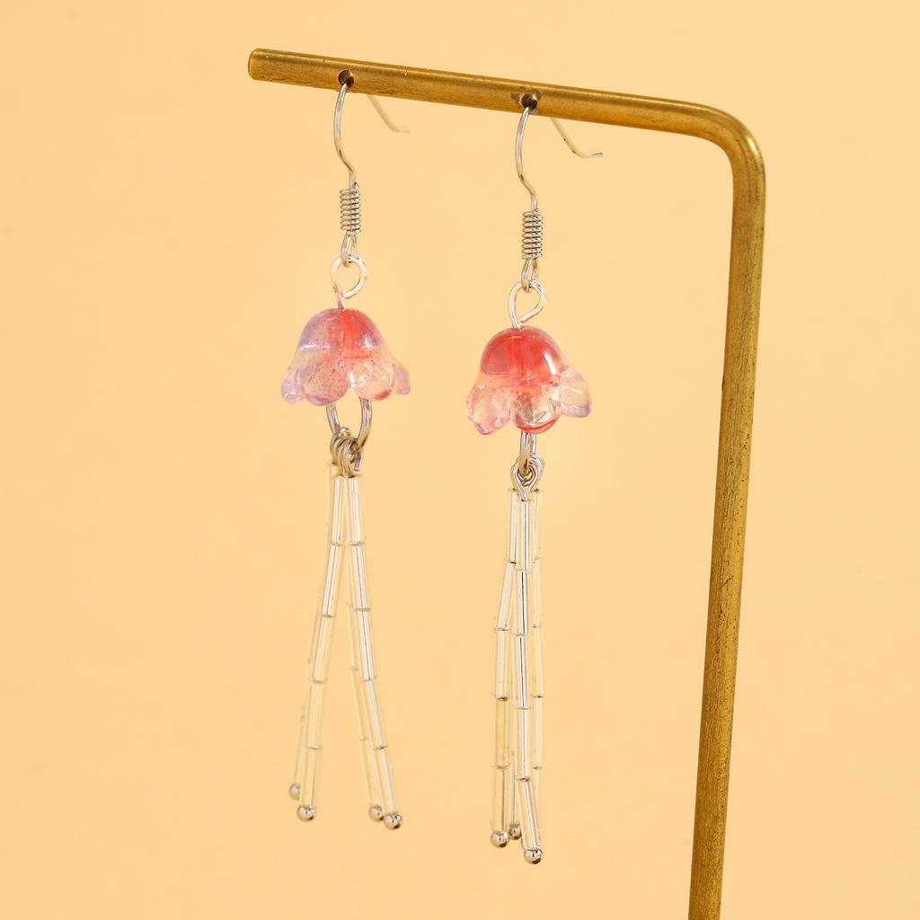 Ocean Pink Jellyfish Luminous Bead Tassel Stud Earrings, Creative Niche Fashion Women Ear Jewelry