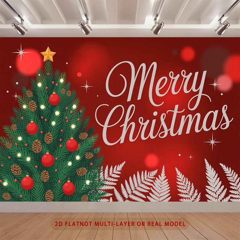 Party Backdrop Christmas Flat Festive Tree Merry Text Multi Layered Celebrations Event Backdrop Decoration Front Door Decor
