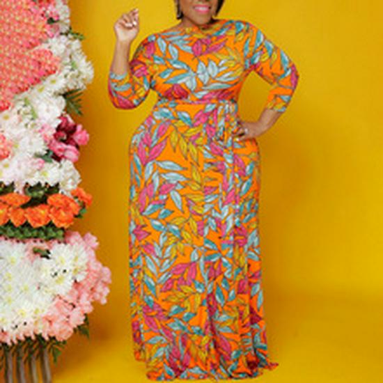 2024 Лето Женское Платье Больших Размеров с Рукавом-трубой, Круглым Вырезом, Разрезом На Бедрах, Африканское Платье