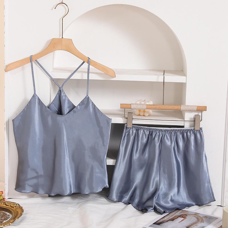 European and American imitation silk pajamas women's summer suspender pajamas V-neck summer sexy summer shorts set
