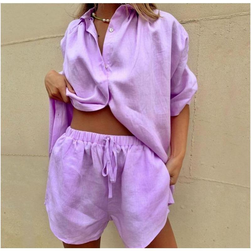 Women Solid Color Short Sleeve Shirt Shorts Casual Set