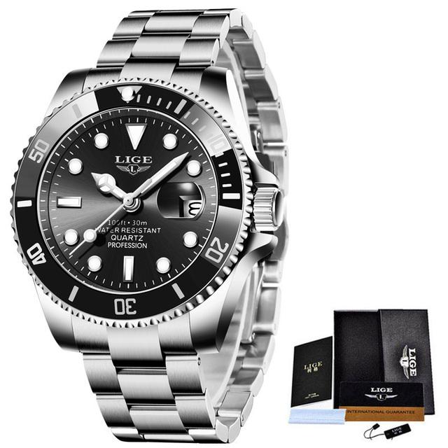 LIGE Fashion Men Watch Top Brand Luxury Stainless Steel Watches Waterproof Luminous Quartz Wristwatch
