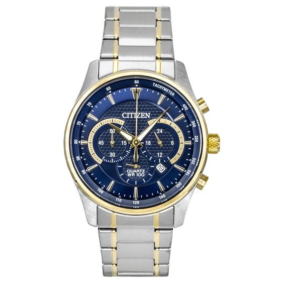 Citizen Мужские часы AN8194-51L, хронограф, двухцветная нержавеющая сталь, синий циферблат, кварцевые, 100м