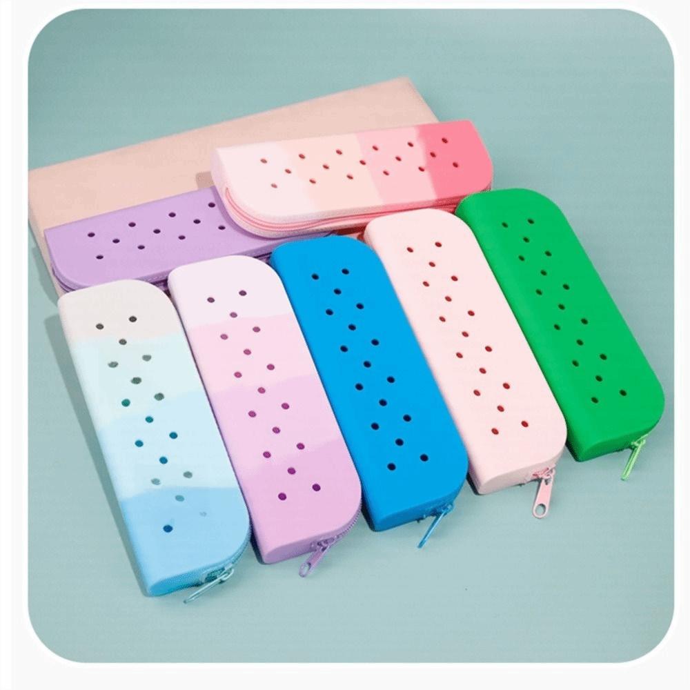 Stylish Holes Silicone Pencil Case Soft Large Capacity Stationery Storage Bag Zipper Waterproof Makeup Organizer School