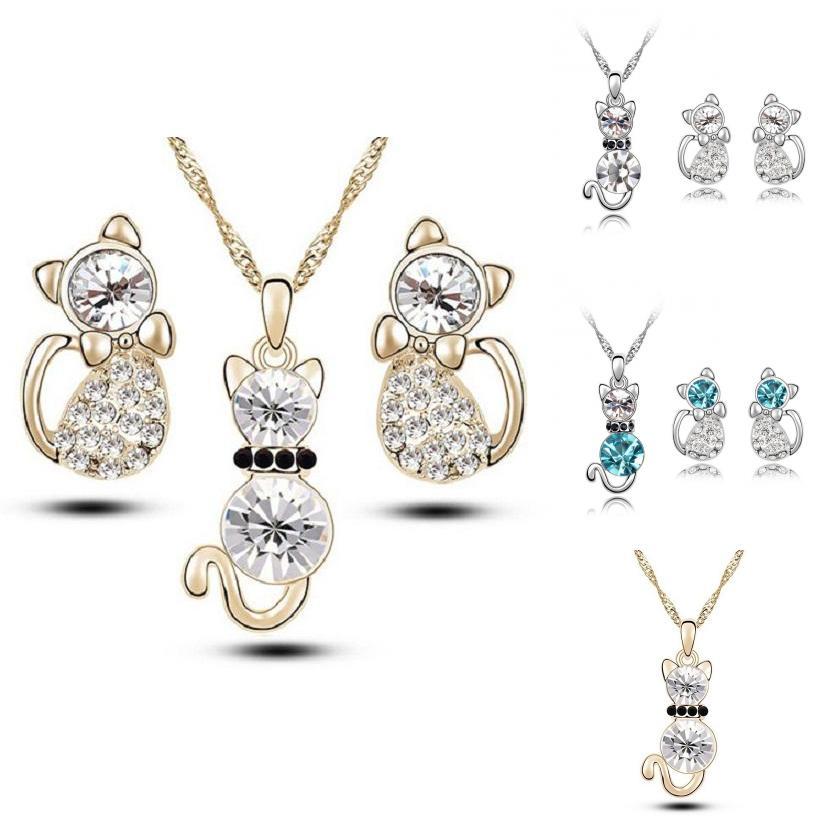 Crystal Cat 3pcs Shaped Necklace Earrings Jewelry Set  Gift Teen Girls Women For