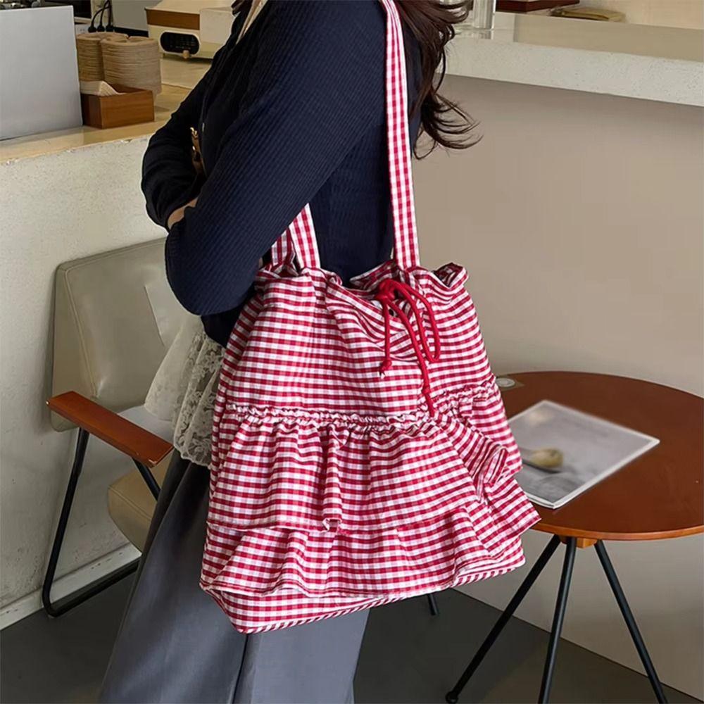 Sweet Canvas Plaid Bag College Style Cute Ruched Handbag Casual Ruffle Shoulder Bag  Travel