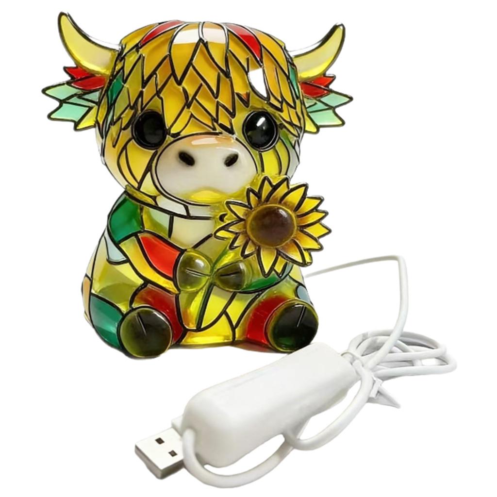 Resin Sunflower Highland Cow LED Night Light W/ USB Ports Colorful Table Lamp for Home Office Bedroom Living Room Desk Decor
