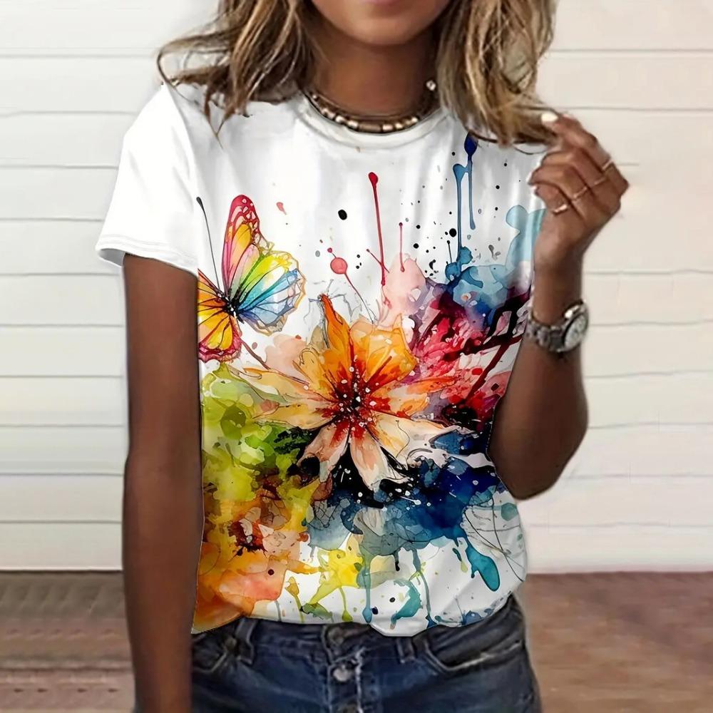 Новые летние женские футболки с цветочным 3D-принтом, модные футболки с круглым вырезом и коротким рукавом, свободные женские футболки Y2k, симпатичная футболка