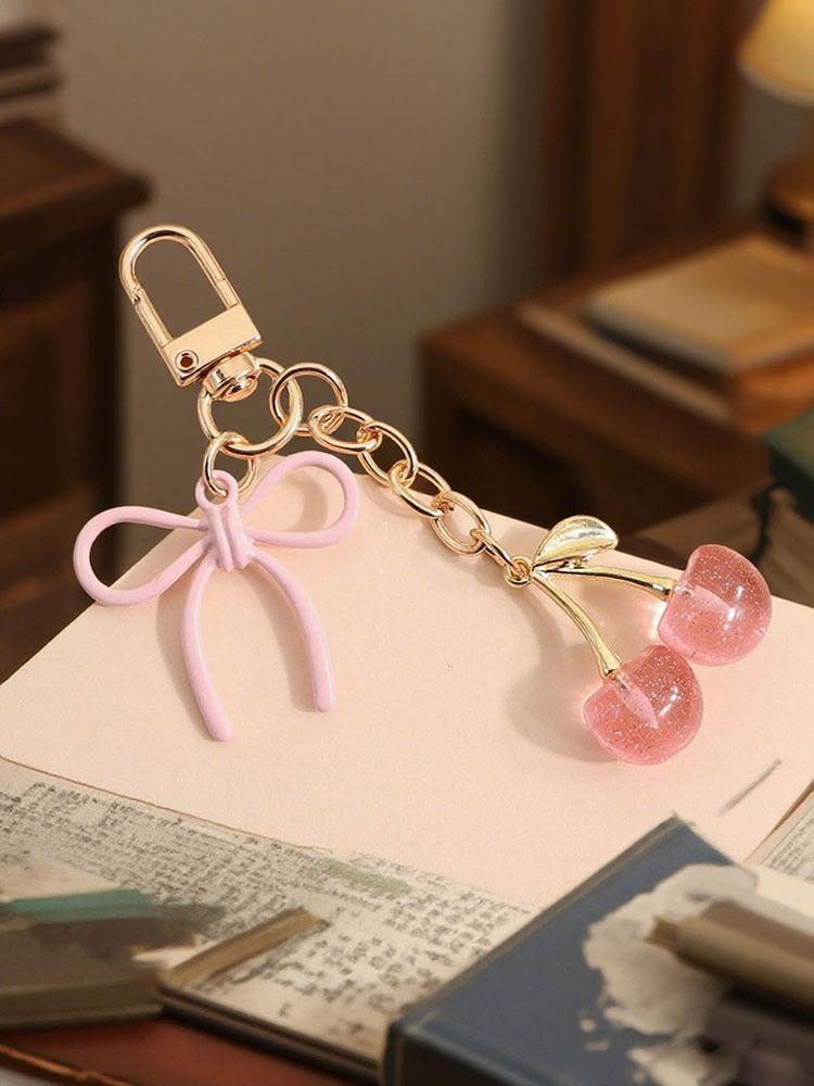 Fashionable Cute Pink Cherry Bow Exquisite Metal Lovers Bag Pendant Accessory Bag Charm