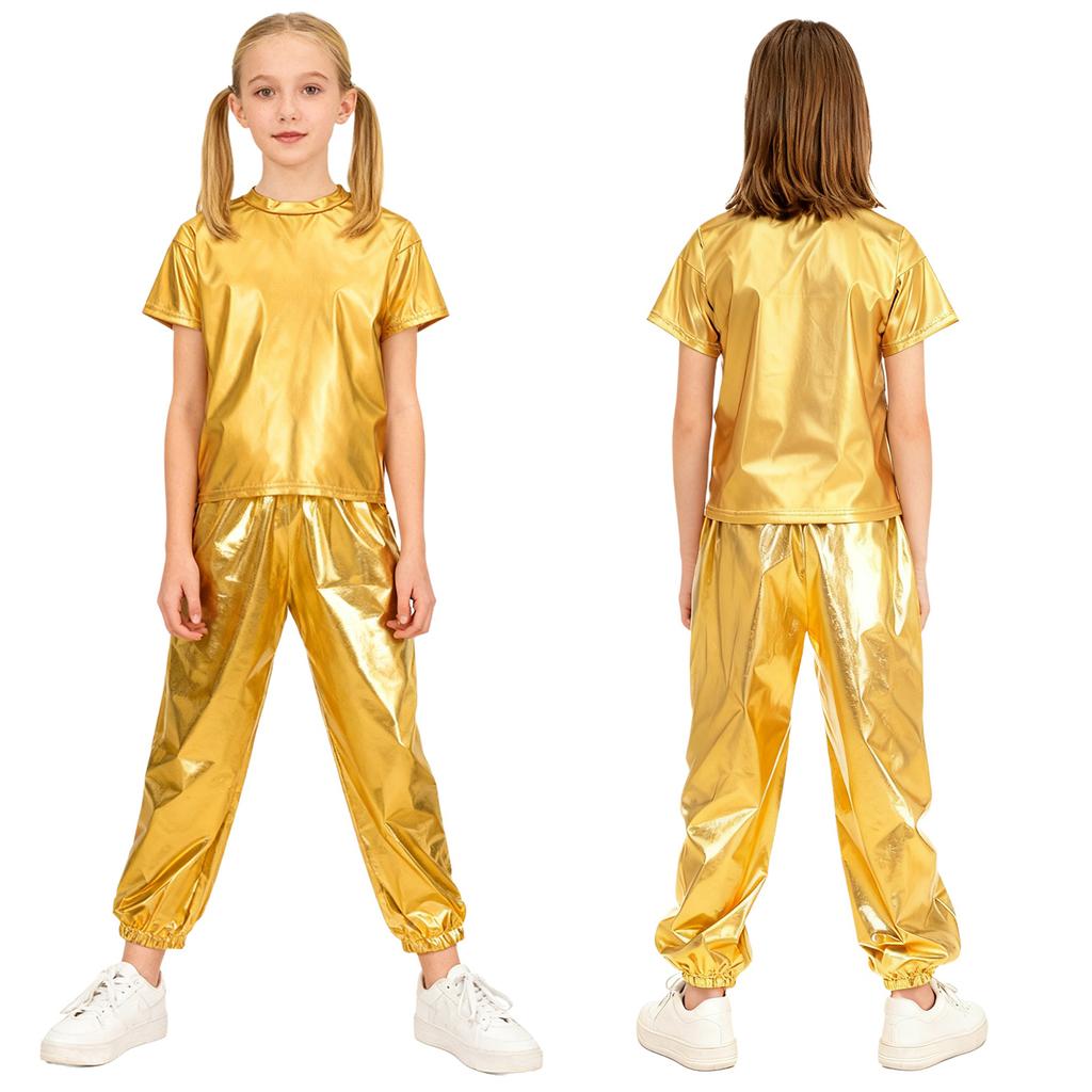 Children Stage Performance Outfit Kids Dance Party Costume Set Metallic Shiny T Shirt with Pants Unisex Ballet Jazz Wear
