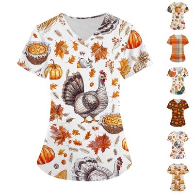 Женская мода с v-образным вырезом, короткими рукавами и карманами, топы с принтом