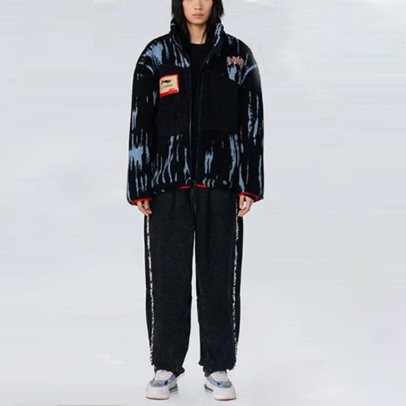 Li-Ning Спортивная баскетбольная серия с вышитым логотипом на флисовой подкладке трикотажная куртка мужская верхняя одежда черного цвета AJDR435-3