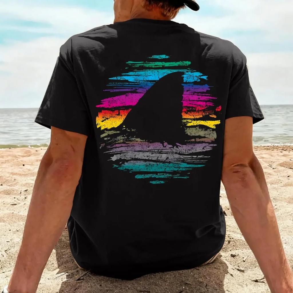 Unisexs Cotton Retro Shark Fin Surfing Tshirt With Rainbow Sunset Ocean Beach Surfer Pattern Tropical Coast Summer Vacation Top