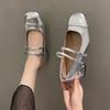 High Heels Women's Silver Lacquer Leather Belt Buckle with Shallow Mouth Middle Heel Shoes Retro Style Mary Jane Women's Shoes