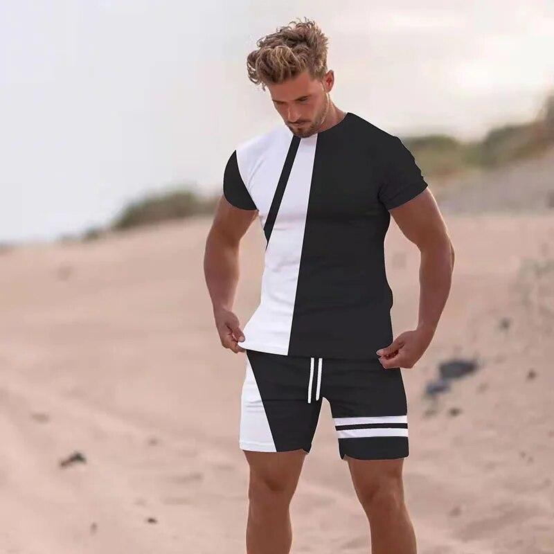 Summer Men Beach T Shirt Tracksuit 2 Piece Sets 3D Print All-Match Sports Short Sleeve Round Neck Casual Style Clothing 6XL