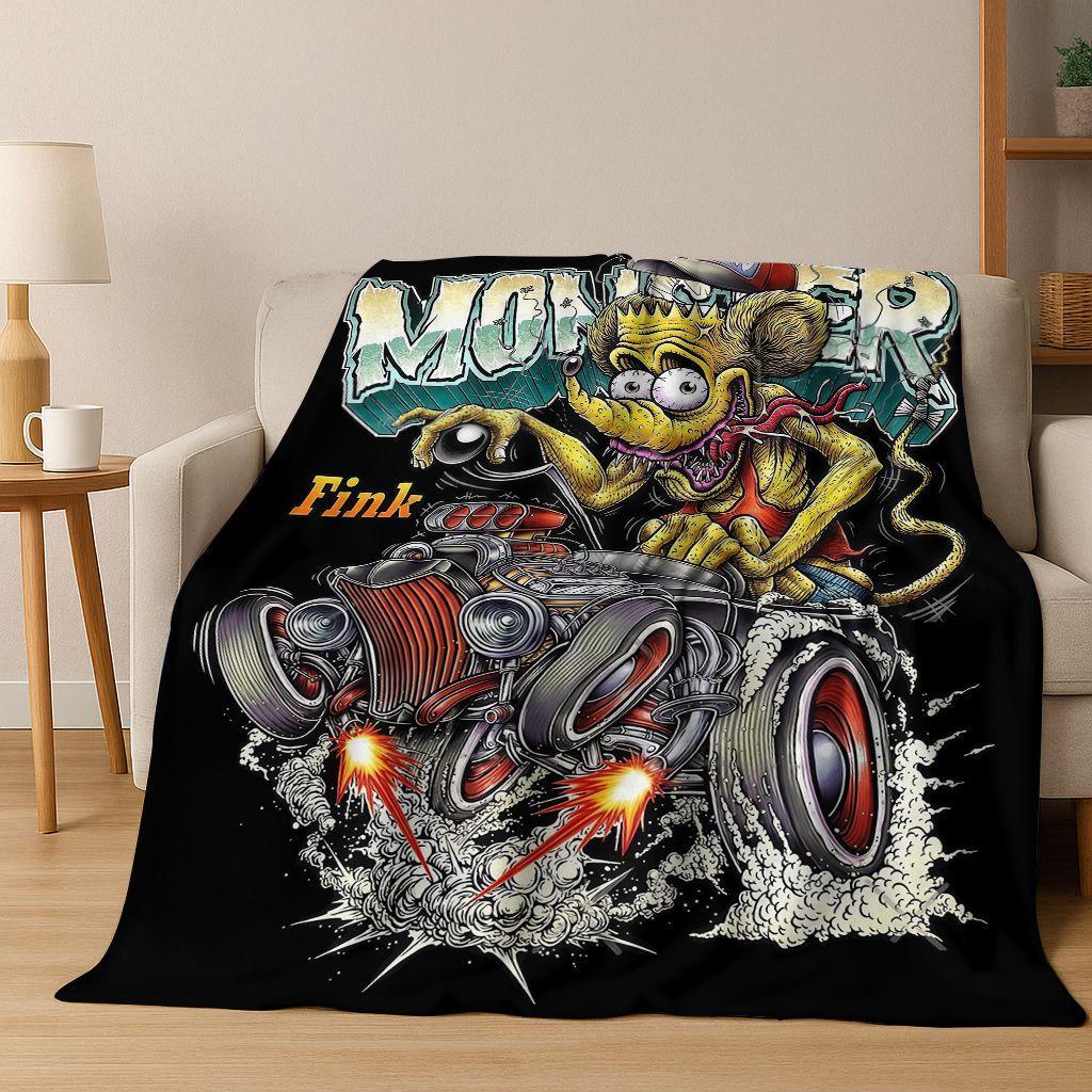 3D Бунтарский RAT FINK Автомобильный Знак Мультяшное Фланелевое Одеяло, Теплое и Уютное Мягкое Плед для Дома Спальни Кровати Дивана Покрывало для Пикника