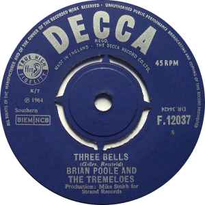 7-дюймовая пластинка BRIAN POOLE & THE TREMELOES - Three Bells F12037 Decca 1964 UK Поп Б/у