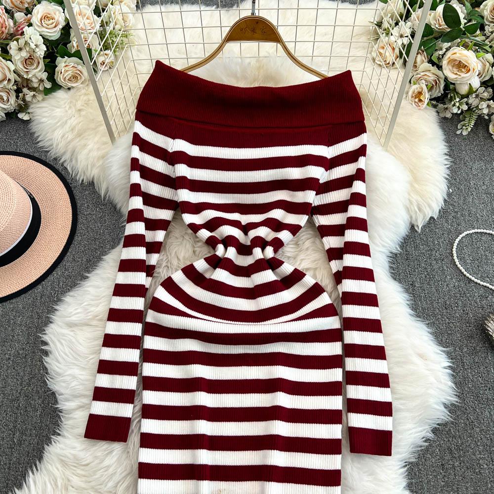 Платье-футляр с открытыми плечами Falda Sexy Mujer Slash Neck Striped Color Block Slim Knitted Bodycon Dress Autumn Wrapped Dresses ChicDresses