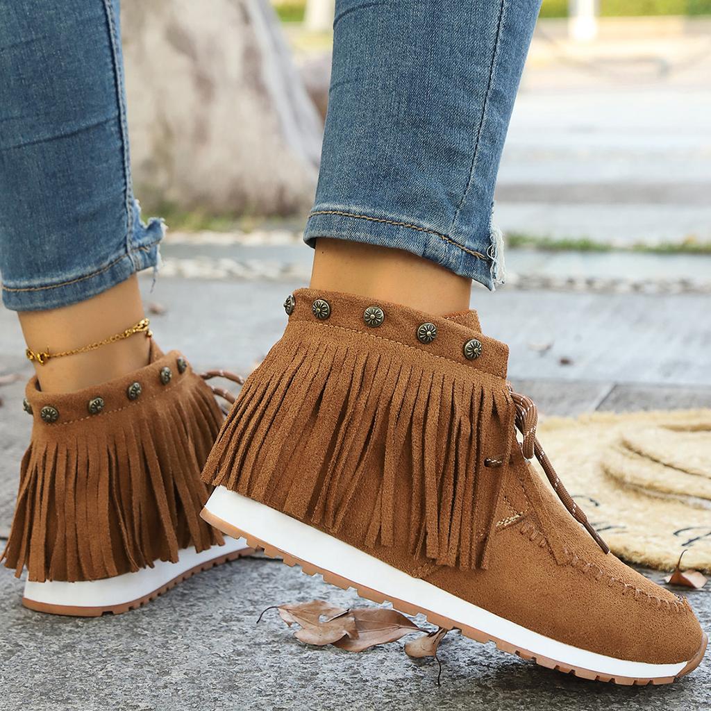 Fashion Trendy Womens Tassel Ankle Boots Brown Faux Suede Lace Up Flat Booties Woman Comfort Solid Color Casual Short Botas Mujer 2024