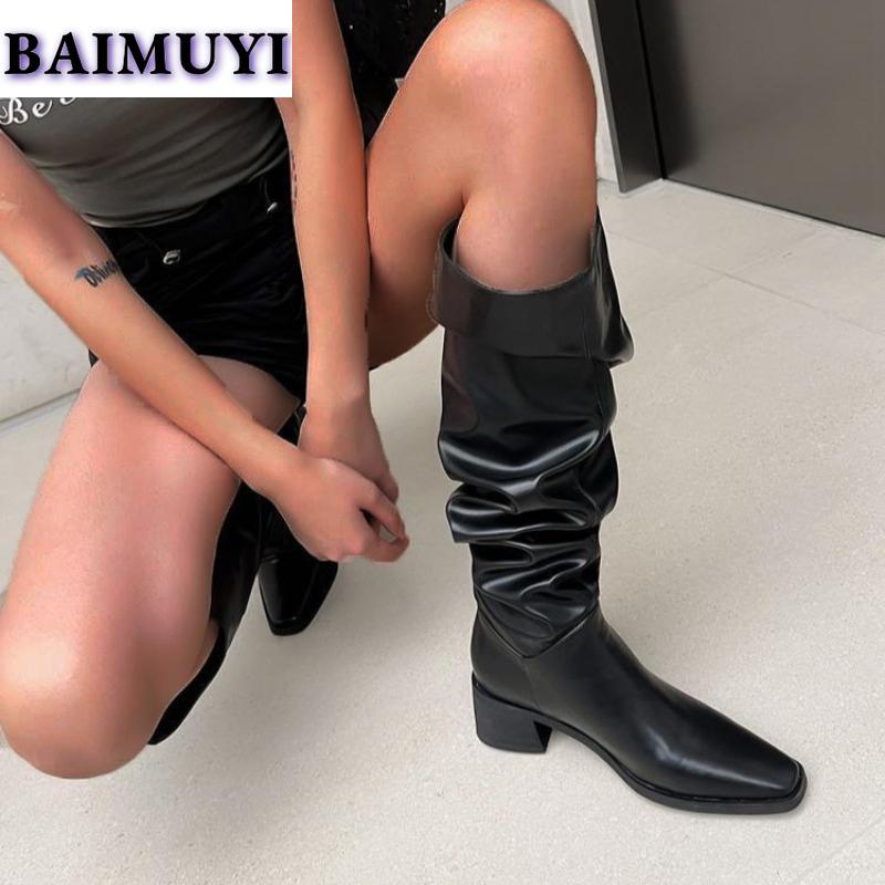 Сапоги с острым носком, высокие сапоги до колена, роскошные женские туфли челси на высоком каблуке 2025 года, трендовые готические кожаные плиссированные сексуальные зимние ботфорты Mujer