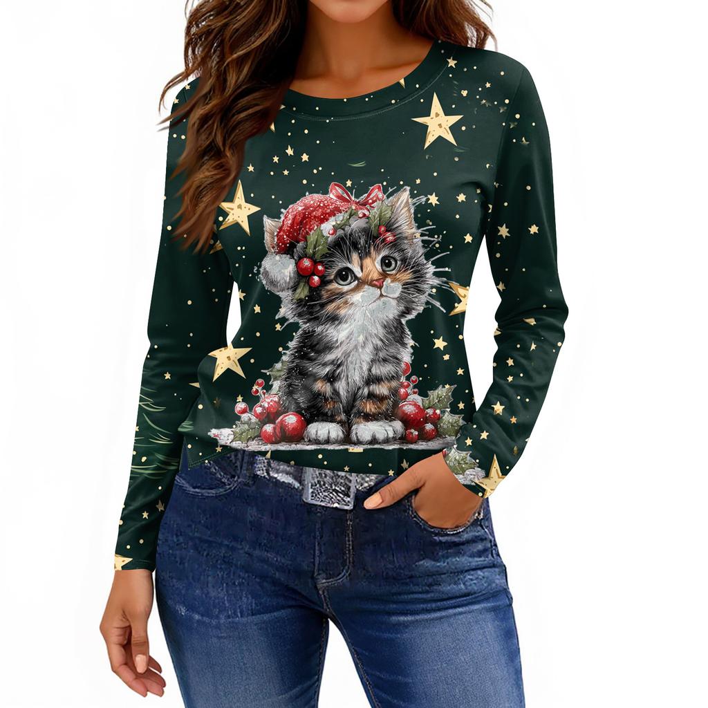 Женская модная повседневная свободная футболка с принтом и круглым вырезом с разрезом и длинным рукавом, женский топ