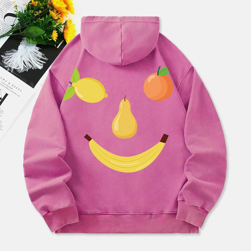 Fruit Smiling Face Washed Hoodies Women Funny Design Printing Cotton Hooded Oversize Pocket Warm Womans Clothes