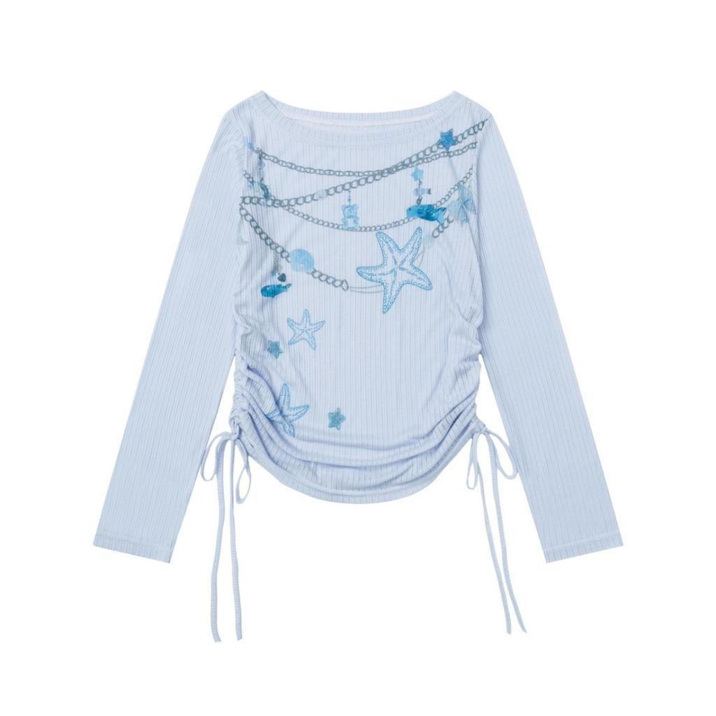 Y2k Women T Shirts Print Long Sleeve Tees Ropa Mujer Off Shoulder Drawstring Tunic Tshirt Sexy T-shirts