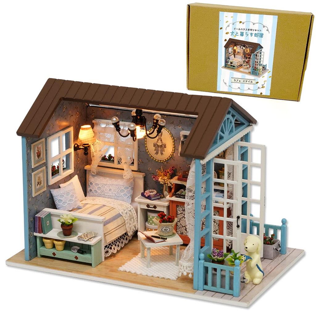moin moin Instruction Dollhouse Miniature Handmade Kit Set Small Beginner Room To Live with a Dog LED Light Acrylic Case 20101DH139 [Japanese Manual]