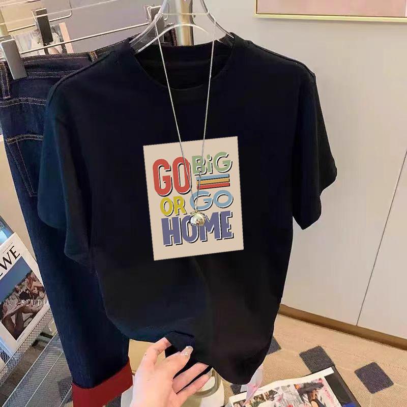 Fashionable Shoulder Pure Cotton Black Short-sleeved T-shirt for Women's Summer New Loose Letter Printing Versatile Top Shirt