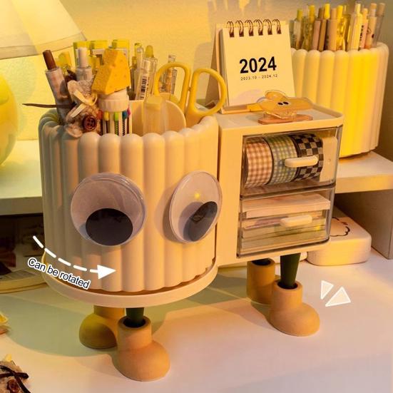 Милая вращающаяся подставка для ручек с ящиком 2-в-1, органайзер для рабочего стола большой вместимости для детей, девочек, многофункциональный ящик для хранения и сортировки