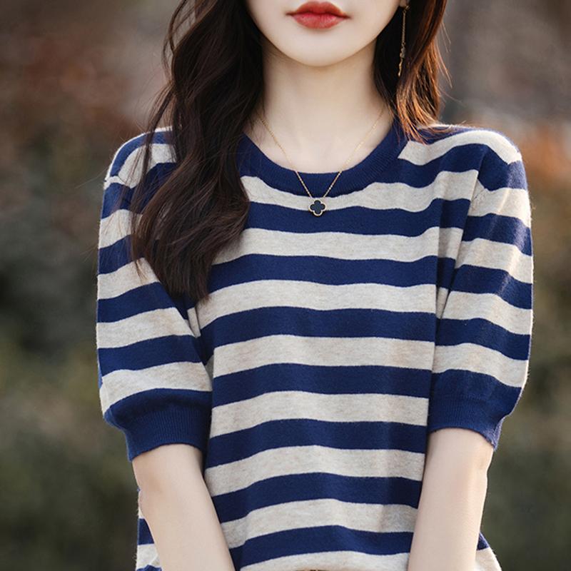 Women Knit T-shirt MODERN NEW SAGA Summer Knitted Shirt Striped Short Sleeve Tees O-neck Pullover Knit Tops