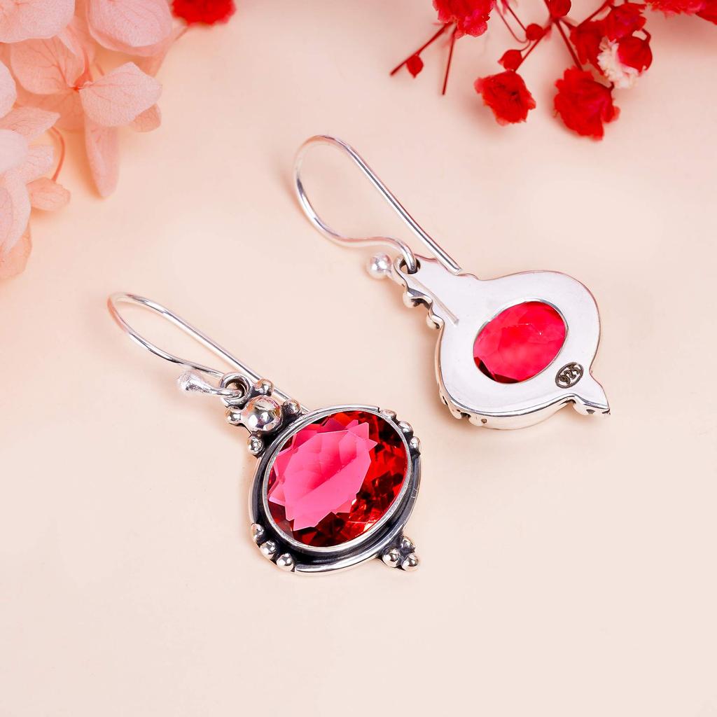 Rubellite Gemstone Handmade Solid 925 Solid Sterling Silver Jewelry Anniversary Earrings For Her