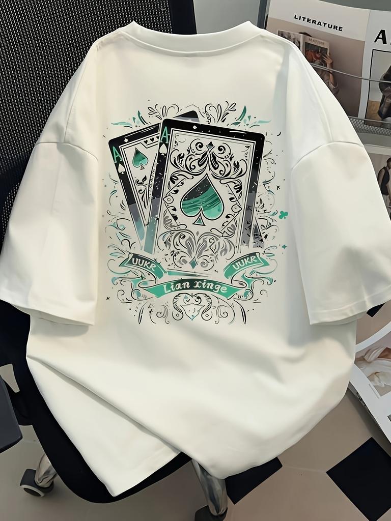 Мужская Модная Брендовая Черная Масть Карты Покера Принт Круглый Вырез Короткий Рукав Уличная Одежда Высококачественная Харадзюку Повседневная 100% Хлопок Свободный Крой