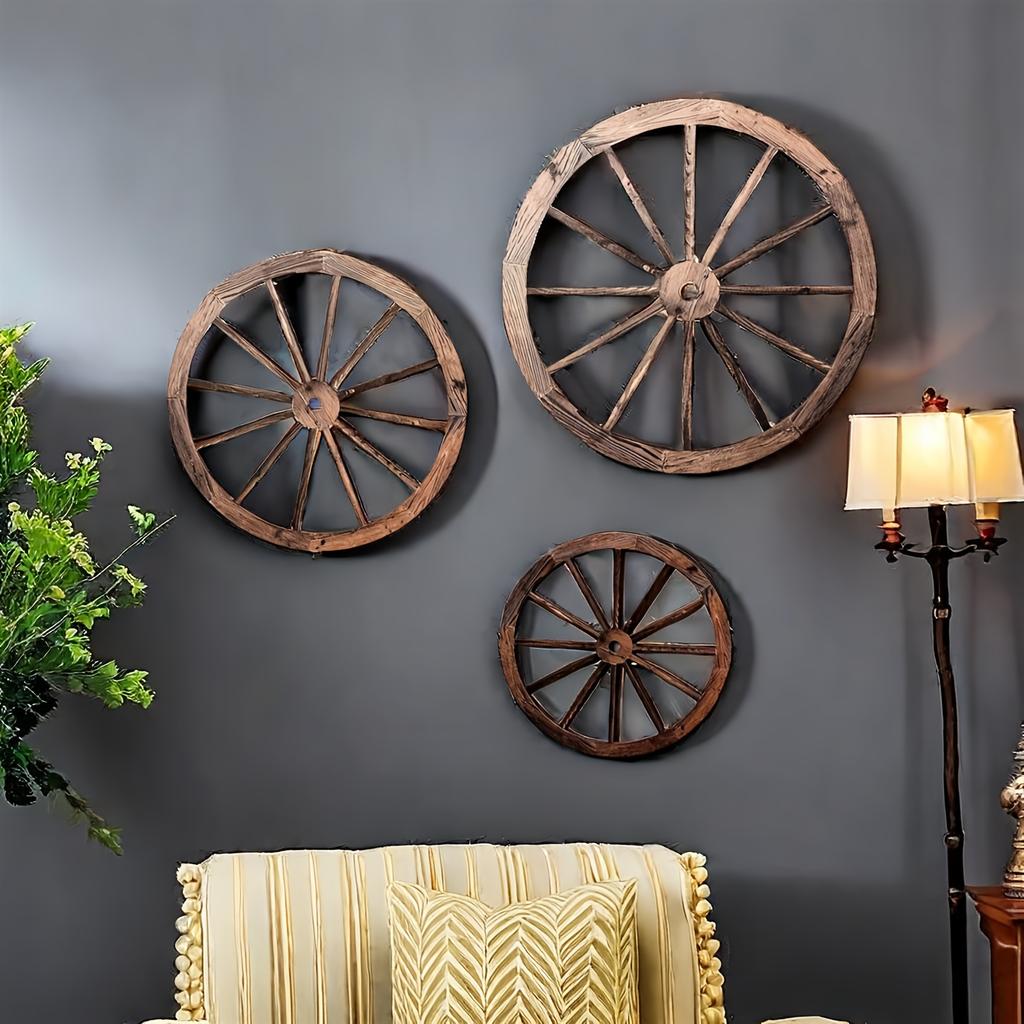 3pcs Boho Style Hanging Wooden Wagon Wheel Wall Art, Manufactured Wood Fairy Tale Themed Decor, Versatile Ornamental Pendants
