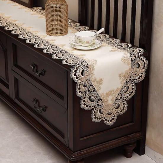 Lace Table Runner, Vintage Lace Dining Table Runner, Non Slip Coffee Table Runners, Waterproof Oil-Proof Table Runner with Exquisite Lace for Dining