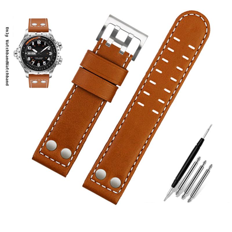 Для ремешка часов Hamilton Khaki Aviation H77616533 H760250 Field Мужской Натуральная кожа Заклепка Браслет для часов 20 мм 22 мм Коричневый