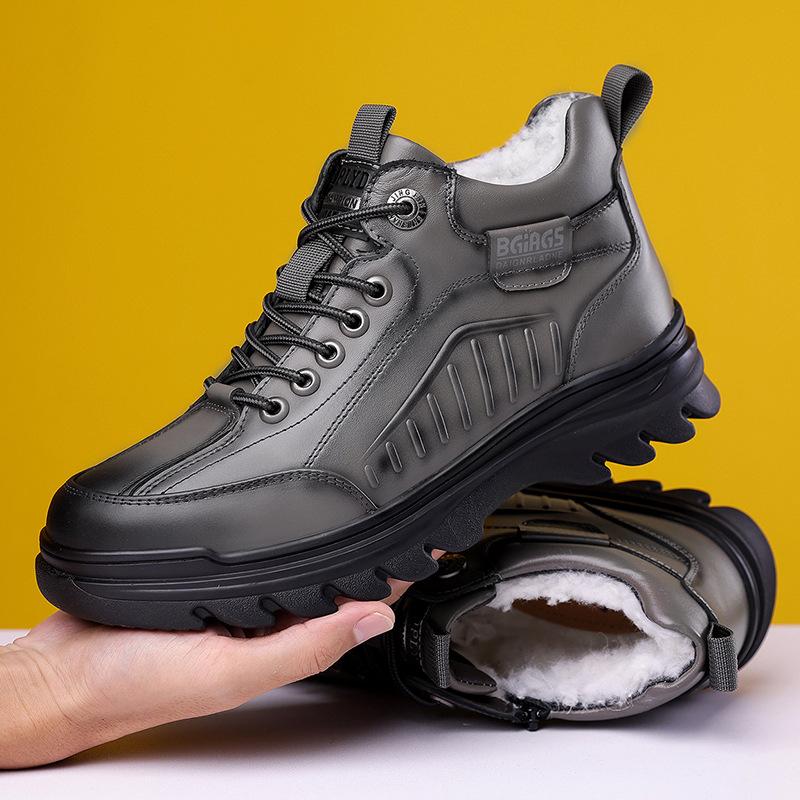 Men's soft elastic winter warm cold wool lining leather snow boots thick bottom non-slip wear outdoor casual sneakers cotton boots