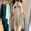 V-neck Hollowing Knit Sweater Female Summer Sexy Short-sleeved Unique Loose Smock Blouse Solid Color Thin Outside Retro Tops