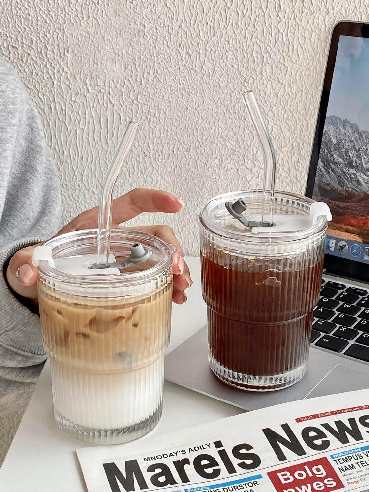450 мл полосатая стеклянная кофейная чашка с крышкой и трубочкой прозрачные стаканы для сока молока чашки чая кружки для холодного кофе посуда для напитков