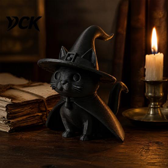 Dark Cute Halloween Table Decor Gothic Witch Hat Black Cat Figurine, 3D Printed Wizard Cloak Kitten Detailed Textured Statue Statue, Spooky
