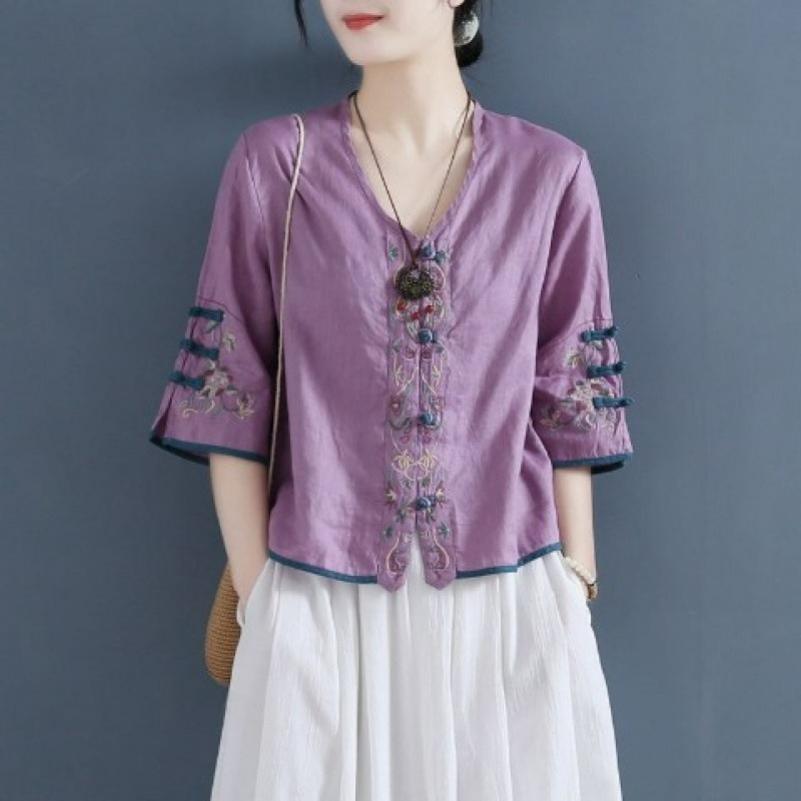 Retro Embroidered Disc Button Linen Cotton Shirt Women's Summer Chinese Zen Tea Dress Loose Short V-neck Top