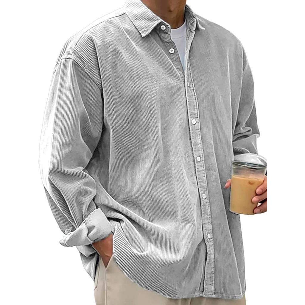 Men's Casual Solid-color Corduroy Button Shirt, Men's Long-sleeved Trendy Loose Square-neck Thick Shirt