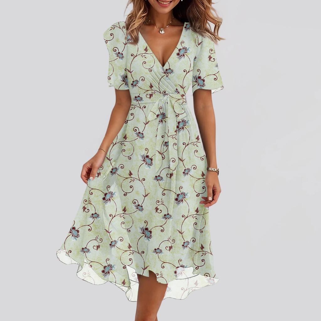 Women's Fashion Casual V Neck Short Sleeve Ruffled Vintage Printed Dresses
