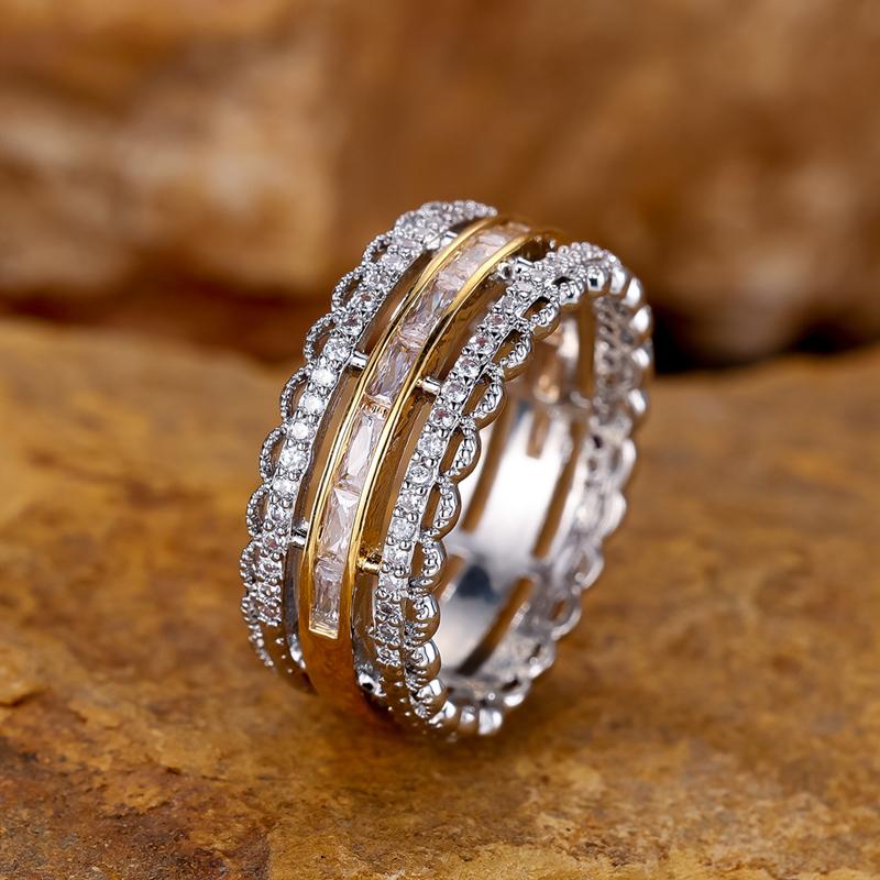 Exquisite Hollow Design Zircon Engagement Rings for Women Elegant Two Tone Style Finger Ring Party Jewelry Accessories